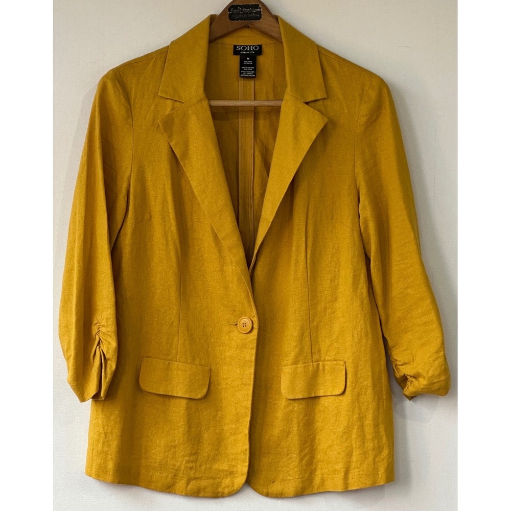 SOHO Blazer Linen Blend Ruched 3/4 Sleeve Womens M Yellow Excellent